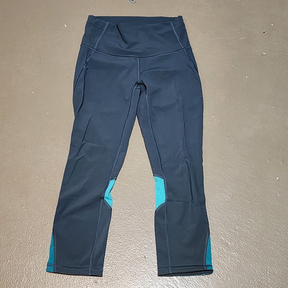 Lululemon High Rise Mix and Mesh Crop Colorblock‎ Teal Green Leggings Size 4 - Picture 2 of 4